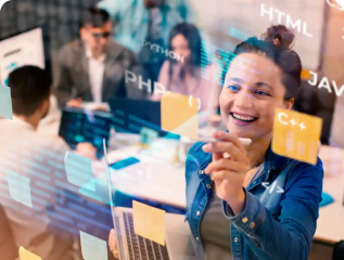 Female developer smiling while writing code on a transparent digital interface, highlighting women in tech and innovation.
