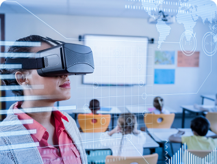 Woman using virtual reality headset in a futuristic classroom, demonstrating innovative EdTech learning solutions.