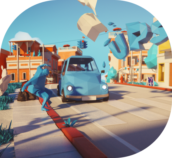 Colorful low-poly 3D animation of a cartoonish city street with a blue car and geometric character dodging flying debris, showcasing dynamic urban storytelling.