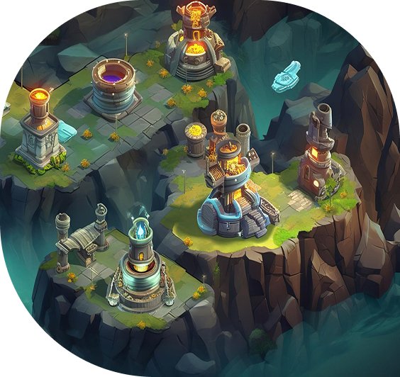 Fantasy floating island with magical towers and resource buildings – colorful strategy game environment with imaginative architecture.