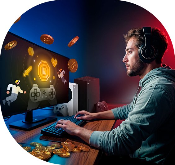 Focused male gamer at desk earning cryptocurrency in play-to-earn gaming environment.