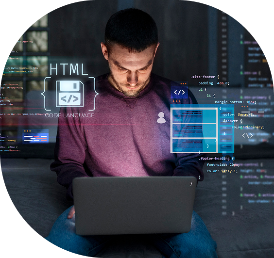 Male developer coding on a laptop with HTML language and UI design elements visualized as futuristic projections around him.