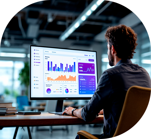 Business analyst reviewing performance metrics and interactive charts on a widescreen desktop monitor in a modern open office, highlighting data-driven decision-making.