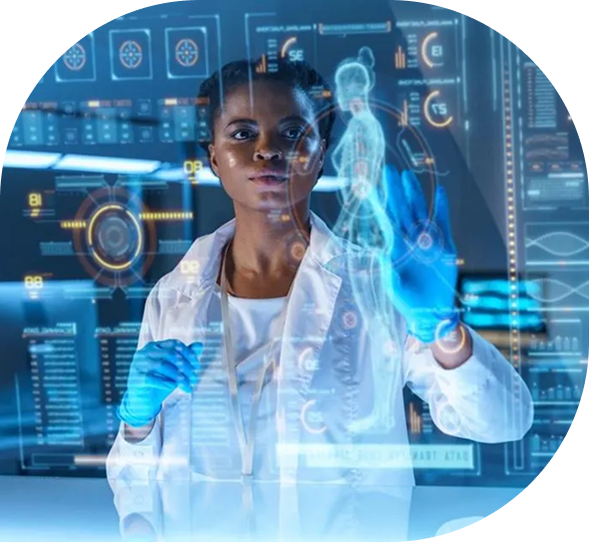 Doctor interacting with a holographic human body projection on a digital screen, representing futuristic healthcare technology and AI-assisted diagnostics.