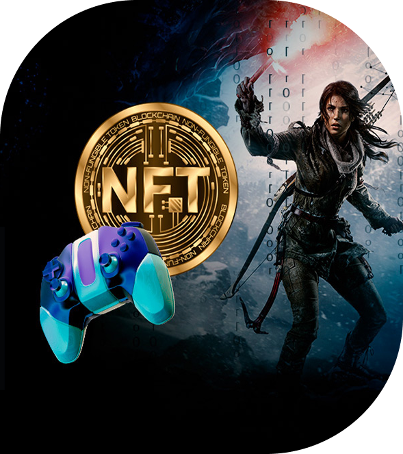 Female game character with NFT token and controller, illustrating blockchain integration in gaming.