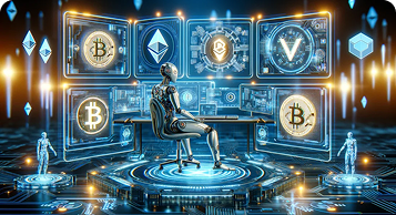 Futuristic robot analyzing cryptocurrency data on digital screens with symbols for Bitcoin, Ethereum, and other coins, symbolizing AI in blockchain technology.