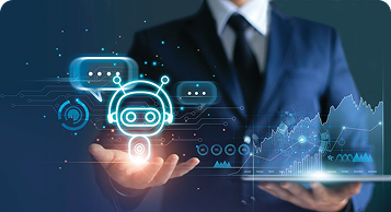 Business professional presenting a holographic chatbot interface and financial data visualization, illustrating AI-driven customer service and data insights."