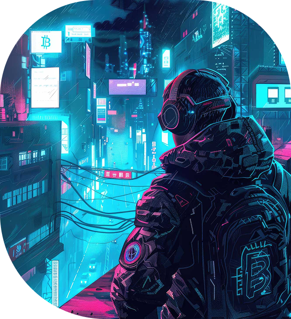 Gamer in headset overlooking neon cyberpunk city, capturing the essence of digital metaverse worlds.