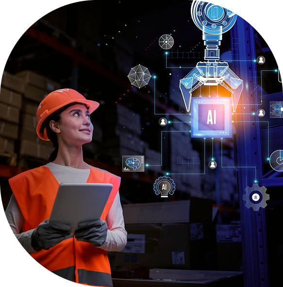Industrial worker using virtual reality headset while interacting with a robotic assistant and holographic data, showcasing AR and robotics integration in manufacturing training."
