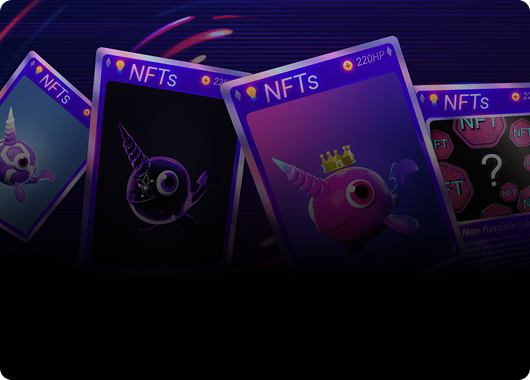 Colorful NFT trading cards with animated characters displayed in a digital collectible game environment.