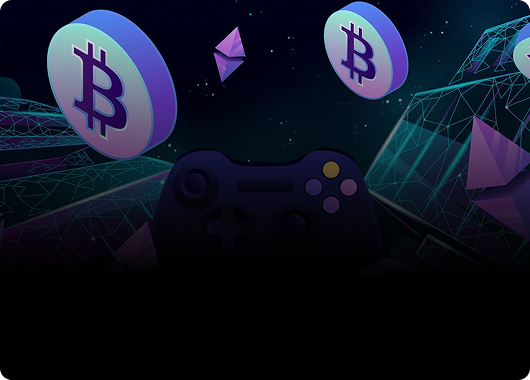 Dark-themed background with floating Bitcoin and Ethereum symbols around a game controller, symbolizing blockchain gaming.