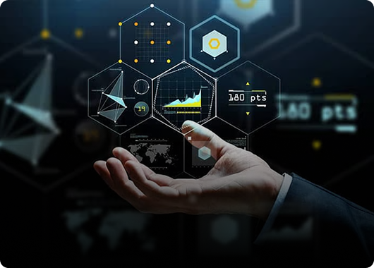“Business hand interacting with floating futuristic analytics dashboards and blockchain-based data interfaces.