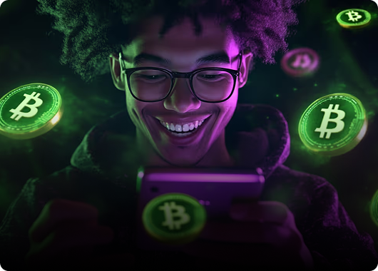 Young man smiling at his phone as green Bitcoin icons float around, representing excitement in crypto gaming or blockchain rewards.