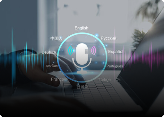 Futuristic voice assistant concept with global languages floating around a microphone icon on a laptop screen.