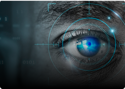 High-tech digital biometric eye scan interface with futuristic HUD overlays.