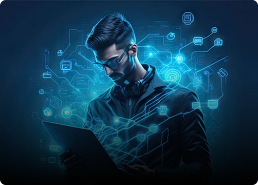 Man using tablet with glowing digital connections and futuristic data overlays, representing programming and cybersecurity.