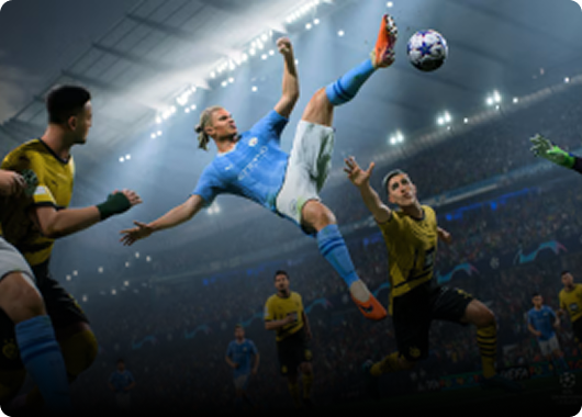 High-definition soccer video game showing an acrobatic bicycle kick by a player in a blue jersey while surrounded by opposing players in a packed stadium under bright lights.